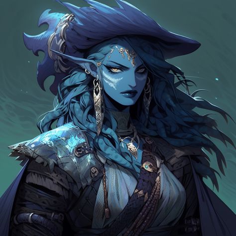 Tiefling Pirate Captain, Triton Pirate, Dnd Pirate Female, Siren Dnd, Triton Character Design, Tiefling Pirate, Sea Elf Female Dnd, Dnd Triton, Triton Dnd