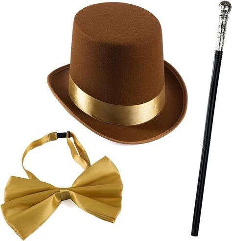 Willy Wonka Party Decorations, Wonka Party Decorations, Chocolate Factory Costume, Wonka Costume, Top Hat Costume, Willy Wonka Party, Brown Bow Tie, Gold Bow Tie, Steampunk Top Hat