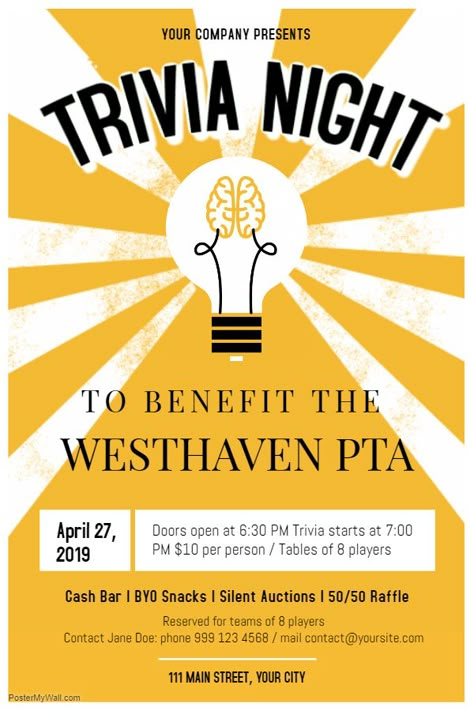 Trivia quiz night poster Quiz Poster Design Ideas, Quiz Poster Design, Quiz Night Poster, Trivia Design, Trivia Night Fundraiser, Quiz Poster, Trivia Poster, Trivia Night Flyer, Fundraising Poster