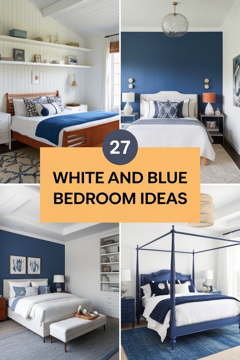 White and blue bedrooms create a serene, coastal-inspired haven. Explore crisp white bedding, soft blue walls, and nautical accents. Discover white furniture with blue details, striped throw pillows, and ocean-themed artwork.  Find inspiration for blue and white patterned curtains, woven jute rugs, and light blue ceiling paint to design a tranquil and refreshing bedroom retreat that evokes seaside relaxation and breezy comfort. White And Navy Bedroom Ideas, Bedroom Ideas With Light Blue Walls, Navy White Gold Bedroom, Blue White Bedroom Ideas, White And Blue Bedroom Ideas, Light Blue Ceiling, Blue Ceiling Paint, White And Blue Bedroom, Blue Yellow Bedrooms