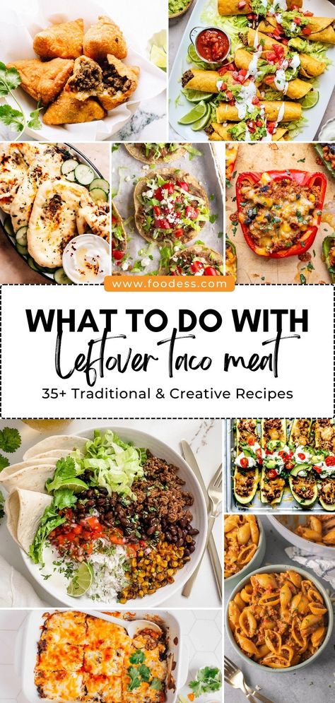 Got some taco meat left over from last night's dinner? Don't let it go to waste! Check out these 35+ amazing recipes that will help you transform your leftovers into scrumptious meals. Whether you're in the mood for breakfast, lunch, or dinner, these recipes will make sure your leftover taco meat is put to good use. From classic Mexican dishes to fusion recipes, party recipes to comfort foods, you'll find leftover taco meat recipes for every occasion. Taco Meat Recipes Leftover, Leftover Taco Meat Recipes, Taco Stuffed Zucchini, Leftover Taco Meat, Fusion Recipes, Taco Meat Recipes, Leftover Beef, Leftover Pork, Chicken Taco Recipes