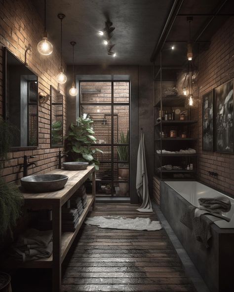 From Modern to Diverse Design Styles Dark Industrial Bathroom, Gothic Bathroom Ideas, Academia Interior, Warehouse Living, Dark Acadamia, Industrial Style Bathroom, Dark Bathrooms, Industrial Home Design, Dark Home Decor