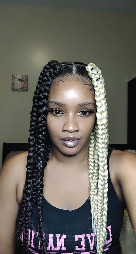 Half black Half 613 jumbo box braids Jumbo Box Braids Color Ideas, Four Jumbo Box Braids, 6 Jumbo Box Braids, La Hairstyles, Honey Blonde Knotless, Black And White Braids, Black Women Hair Styles, Honey Blonde Knotless Braids, Braids Parting