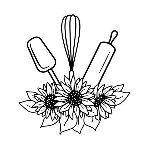 Bakery Label Design. Kitchen tools with sunflowers. Vector illustration - logo for baker or store Bakery Label Design, Bakery Logo, The Bakery, Illustration Logo, Design Kitchen, Label Design, Kitchen Tools, Vector Art, Vector Free