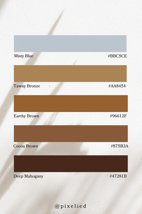 Imagine a palette that captures nature and elegance: Misty Blue offers a serene. Tawny Bronze blends rustic charm with rich, warm tones. Earthy Brown mirrors fertile soil, providing a grounding presence. Cocoa Brown adds the warmth of freshly ground cocoa beans. Deep Mahogany exudes luxury with its dark, polished wood tones, creating timeless sophistication. Color Scheme Generator, Earth Colour Palette, Tone Color Palette, Earth Tone Color Palette, Color Generator, Flip Image, Blur Image, Cocoa Beans, Polished Wood