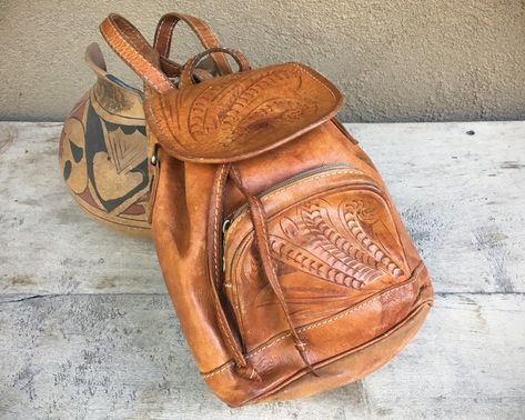 Vintage Small Backpack Mexican Tooled Leather Single or Double Strap Backpack Purse for Women Boho Backpack Purse, Small Backpack Purse, Boho Backpack, Mexican Theme, Purse For Women, Small Backpack, Music Festivals, Tooled Leather, Backpack Purse