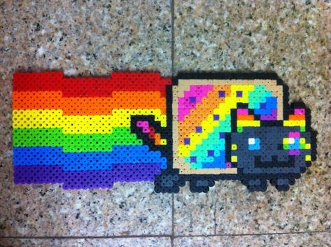 Nayn Cat, Nya Cat, Neon Cat, Perler Art, Perler Bead Templates, Hama Bead, Diy Perler Bead Crafts, Nyan Cat, Pixel Art Grid