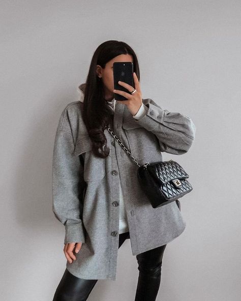 winter outfit idea, shacket, chanel bag #winterstyle #shacket #chanel Grey Shacket Outfit, Shacket Outfit, Entertainment, Instagram Photos, Grey, On Instagram, Instagram