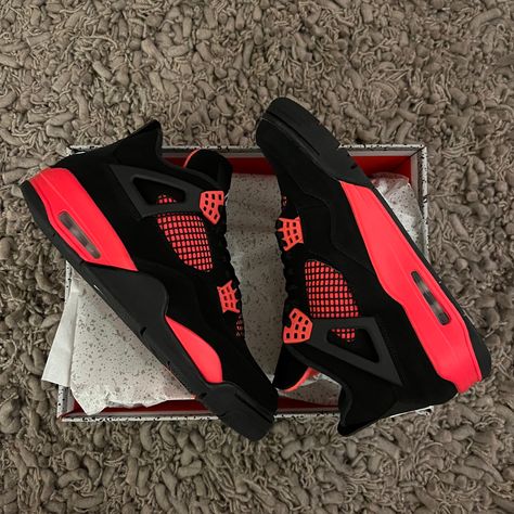 Red And Black Jordan 4, Jordan 4 Red Thunder, Air Jordan 4 Retro Fire Red, Red High-top Air Jordan 4, Red Black Air Jordan, Cool Nike Shoes, Red And Black Retro Jordans, Jordan 4 Red, Air Jordan Retro