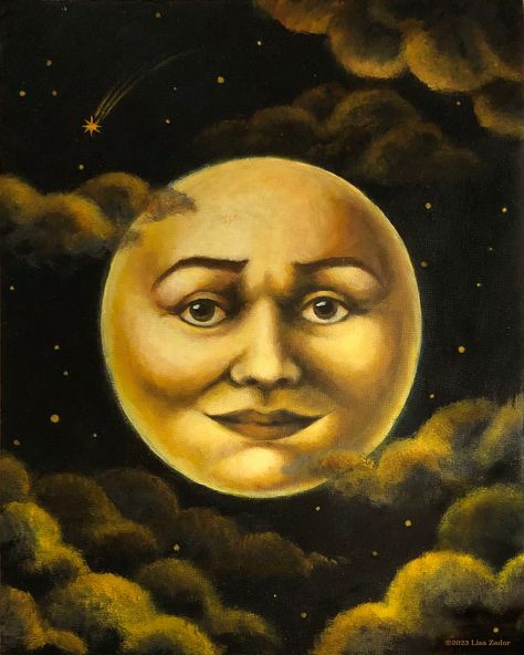 "This Full Moon Man Portrait Print will be a charming addition to your celestial art collection. His peaceful expression would appeal to any lover of astrology, astronomy or star gazing and makes a thoughtful gift. From an original oil painting, it pairs nicely with the companion Crescent Moon Man shown and is also available as an ornament, brooch and in a set of cards, links below. * 8x10 on 8.5x11 matte paper. Packaged in cello sleeve with cardboard backing. Mailed flat * 11x14  on  11.5 x 16.5 matte paper. Packaged in cello sleeve rolled in mailing tube * 16x20  matte paper (has a very slight sheen) no border. Allow 2- 3 days extra to ship as they are printed out of studio © 2023 LISA ZADOR - Reproduction rights and Copyright do not transfer with the sale of the print. ----------------- Moon In Night Sky, Moon Craft, Moon Man, Moon Cross Stitch, Man Portrait, Space Dog, Vintage Moon, Painted Artwork, Moon Painting