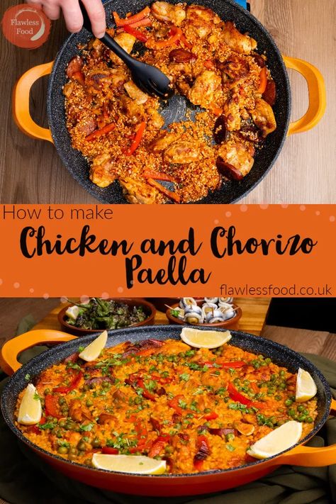 Chicken And Chorizo Paella Recipe, Chorizo Paella Recipe, Paella Recept, Chorizo Paella, Chicken Paella, Dinner Experience, Chicken Chorizo, Paella Recipe, Cooked Rice