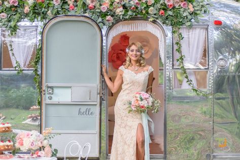 Airstream In Backyard, Airstream Washing Machine, Airstream Wedding, Airstream Wedding Photos, Airstream Bambi 16, Airstream Bambi For Sale, Dried Rose Petals, Blue Orchids, Vintage Suits