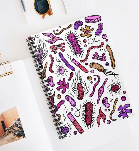 Microbiology Drawing Art, Microbiology Doodles, Microbiology Notebook Cover, Gifts For Biology Teachers, Biology First Page Notebook, Microbiology Drawing, Microbiology Tattoo, Microbiology Illustration, Biochemistry Art