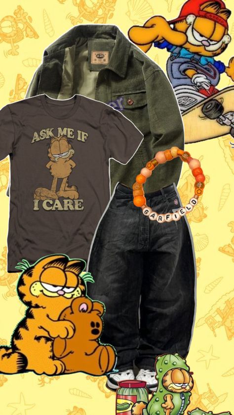 Outfit based on Garfield Garfield Outfit Ideas, Kidcore Outfit Boy, Garfield Outfit, Kidcore Outfit, Boy Aesthetics, Silly Clothes, Backpack Clothes, Clueless Outfits, Street Fashion Men Streetwear