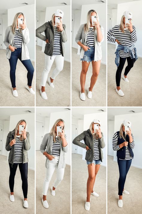 Denim And Stripes Outfit, White Navy Striped Shirt Outfit, Beige And White Striped Sweater Outfit, Blue And White Striped Tshirt Outfits, Navy Blue And White Striped Shirt Outfit, Navy White Striped Shirt Outfit, Styling A Striped Shirt, Grey And White Striped Shirt Outfit, Black And White Stripe Top Outfit