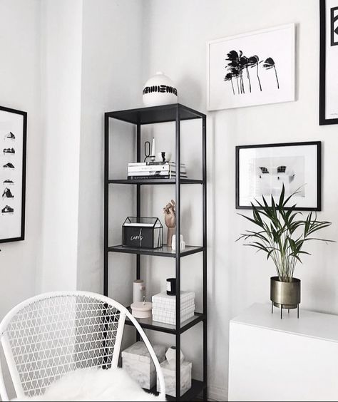 Morden Apartment Decor, Vittsjö Shelf, Ruangan Studio, Brown Furniture Bedroom, Interior Design Minimalist, Black And White Living Room, Black Living Room, Style Deco, White Living