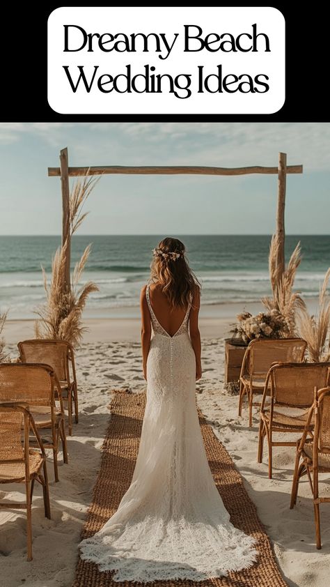 Beach wedding setup with boho dress, sandy aisle, and coastal reception touches. Beach Wedding Party Attire, Flowy Beach Wedding Dress, Unique Beach Wedding Ideas, Wedding Dresses For Beach Weddings, Small Beach Wedding, Dreamy Beach Wedding, Beach Wedding Guest Attire, Summer Mother Of The Bride Dresses, Beach Wedding Bride