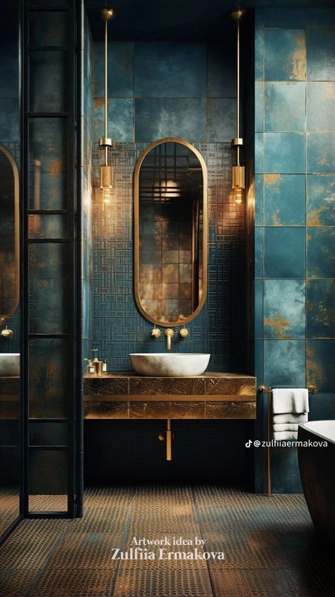 Art Deco En Suite, Real Flower Wall, Green And Copper Bathroom, Navy Gold Bathroom, Blue Gold Bathroom, Turquoise Bathroom Ideas, Blue Bathroom Tiles, Drømme Bad, Blue Toilet