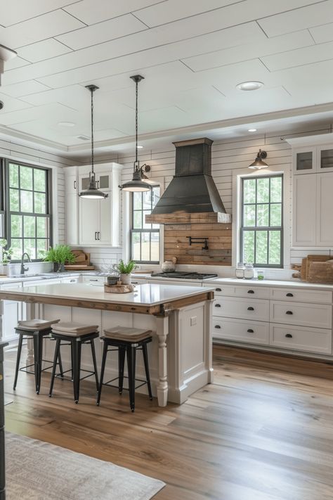 White Kitchen With Rustic Wood Accents, Shiplap Backsplash Kitchen, Modern Farm Kitchen, Rustic House Decor, Rustic Farmhouse Exterior, Farmhouse Exterior Ideas, House Decor Farmhouse, Farmhouse Design Ideas, Farm Style Kitchen