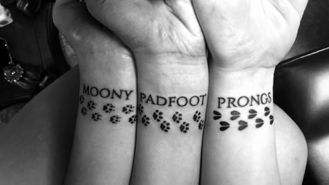 Harry Potter Marauders Tattoo, Hp Matching Tattoos, Harry Potter Tattoos Marauders, Harry Potter Marauders Tattoo Ideas, Mischief Managed Tattoo Matching, Sirius Black Inspired Tattoo, Matching Tattoos Harry Potter, Harry Potter Sibling Tattoos, Marauders Inspired Tattoos