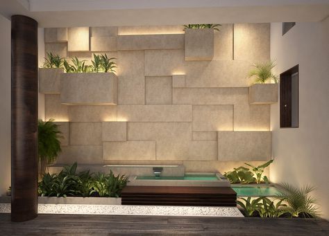 Stairs Entrance, Wall Cladding Interior, Wall Cladding Designs, Kolam Koi, Feature Wall Design, Cladding Design, Vertical Garden Wall, Wall Panel Design, Terrace Design