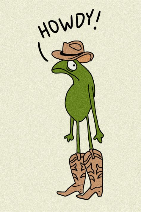 Frog In Cowboy Boots, Frogs In Cowboy Hats, Cowboy Cartoon Drawing, Cowboy Cottagecore, Cowboy Frog Drawing, Animals With Cowboy Hats Drawing, Weird Frog Drawing, Cute Cowboy Drawing, Western Cartoon Art