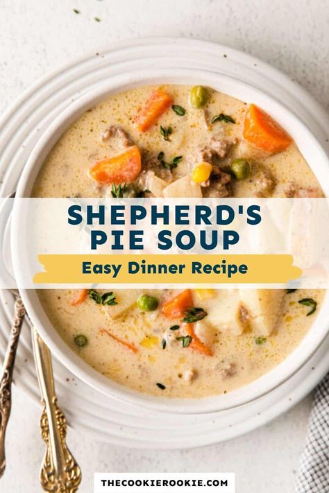 Simple and savory Shepherd's Pie Soup is a fun twist on a traditional hearty dinner recipe. Perfect for chilly nights! Easy Shepherds Pie Soup, Shepherds Pie Soup Instant Pot, Chilly Night Dinner Ideas, Shepards Pie Soup Recipe, Shepards Pie Soup Crockpot, Shepard Pie Soup Crockpot, Shepard’s Pie Soup, Shepherd's Pie Soup, Shepard Pie Soup Recipes