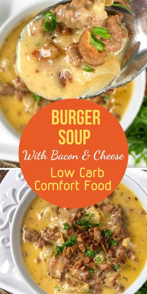 A delicious and filling soup perfect for cold winter evenings. A healthy cheeseburger in a bowl with none of the unwanted carbs... No Carb Soup, Easy Keto Soup Recipes, Healthy Cheeseburger, Low Carb Soups, Cheeseburger Soup Recipe, Low Carb Comfort Food, Bacon Cheeseburger Soup, Keto Soups, Cheese Burger Soup Recipes