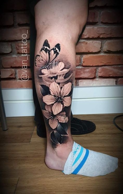 Black And White Tattoos With Some Color, Realist Flower Tattoo, Leg Tattoo Cover Up, Cover Up Flower Tattoos For Women, Large Cover Up Tattoos For Women Leg, ခြေသလုံး Tattoo, Leg Cover Up Tattoos For Women, Flores Tattoo Mujer, Big Cover Up Tattoos For Women