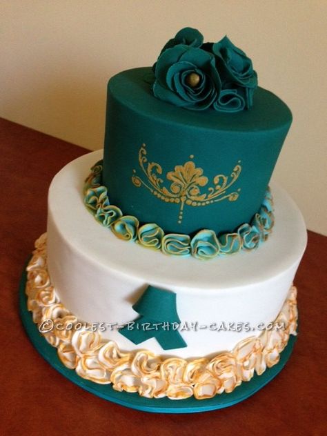 Coolest Teal and Gold Cake ...This website is the Pinterest of birthday cakes Teal And Gold Cake, Teal Wedding Cake, Teal Cake, Quince Cakes, Wedding Cake Cake, Quince Cake, Green Wedding Cake, Quinceanera Cakes, Diy Wedding Cake