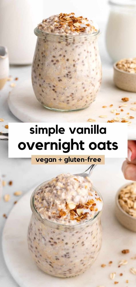 Vanilla overnight oats are healthy, vegan, gluten-free, and easy to make! The simple recipe is made in a jar with chia seeds, dairy-free yogurt, and almond milk. This meal prep breakfast idea is great for kids, busy families, and weight loss. You can add mix-ins and toppings, like protein powder and almond butter. They require just 5 minutes of prep time! #overnightoats #overnightoatmeal #oatmeal #oatmealrecipes #healthybreakfast #veganbreakfast #glutenfreevegan #mealprep #makeahead Cold Oats Recipe Overnight Oatmeal Chia Seeds, Overnight Oats With Oat Milk No Yogurt, Overnight Oats And Chia Seeds In A Jar, Over Night Oats And Chia Seeds, Overnight Oats Healthy Coconut Milk, Easy Overnight Oats Healthy Almond Milk, Chia Protein Overnight Oats, Overnight Oats Healthy Vanilla, Over Night Oats In A Jar With Yogurt