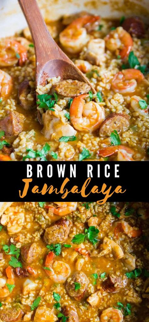 Brown rice jambalaya is a flavorful one-pot dish with shrimp, sausage, and chicken. Jambalaya is a popular southern dish that's loaded with spices and flavor Shrimp Jumbalya, Sausage And Chicken Jambalaya, Brown Rice Jambalaya, Jumbolia Recipes, Jambalaya Crockpot, Dish With Shrimp, Brown Rice Recipes Easy, Shrimp Jambalaya Recipe, Creole Jambalaya Recipe