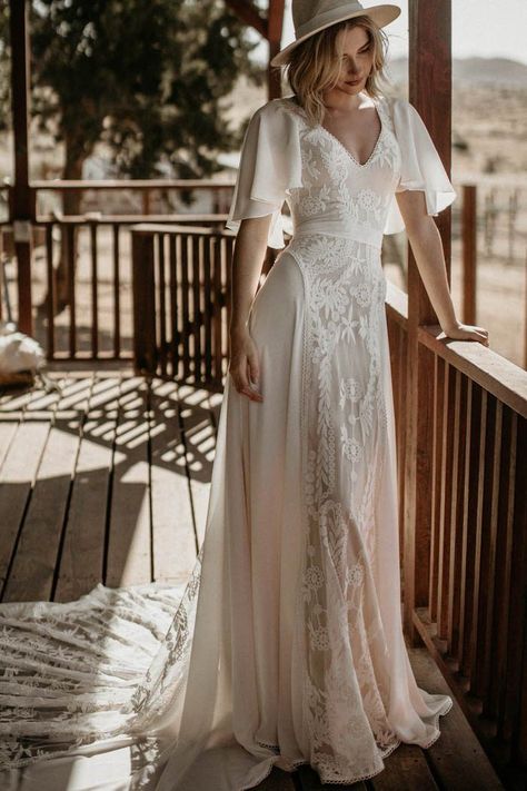 Calling All Free-Spirited Brides: Chance by Dreamers and Lovers Has the Boho Wedding Dresses You’ve Been Searching For Crepe Wedding Dress, Cape Wedding Dress, Chiffon Wedding Dress, Applique Wedding, Applique Wedding Dress, Wedding Dress Fabrics, Bohemian Wedding Dress, Romantic Lace, Wedding Gowns Lace