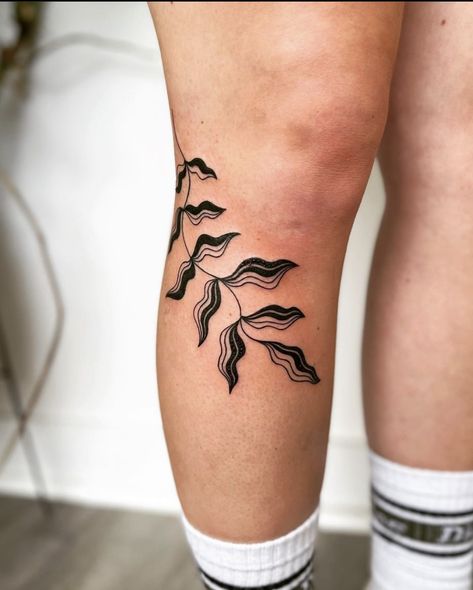 Negative Space Band Tattoo, Elbow Side Tattoo, Women Tattoo Above Knee, Patch Work Legs Tattoo, Trad Leg Tattoos Women, Knee Arch Tattoo, Leg Fern Tattoo, Bold Lines Tattoo, Filler Tattoo Ideas Gap Nature