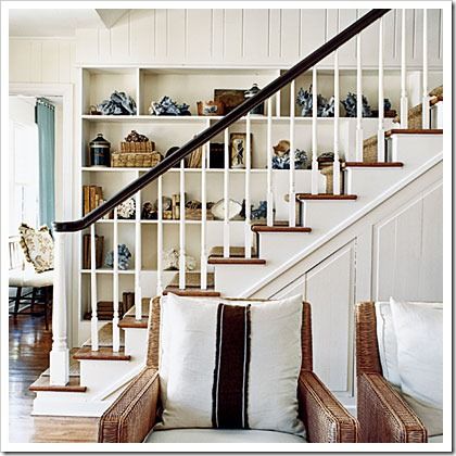 stairway-display-l Staircase Bookshelf, Stairwell Wall, Styling Bookshelves, Staircase Storage, Add Storage, Big Personality, Stair Case, Genius Ideas, Coastal Living Rooms