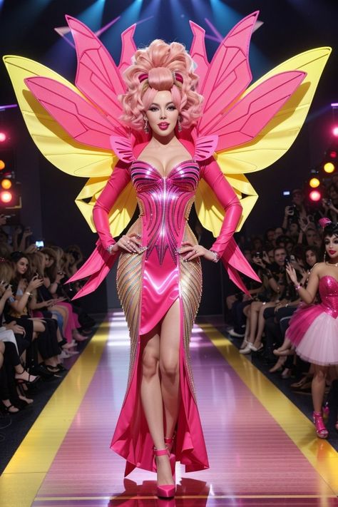 full body picture of the Kylie Minogue as a drag queen walking the runway of Rupaul's drag race, Kylie takes flight as a vibrant, neon-pink bat, with structured wings extending from a body-hugging dress. Her look is complemented with a contrasting neon-yellow wig, styled into a teased, chaotic updo Reveal Dress Drag, Imbolc 2024, Campy Drag, Fairygod Mother, Drag Outfit Ideas, Drag Queen Outfits Ideas, Drag Queen Dress, Drag Queen Fashion, Insane Fashion