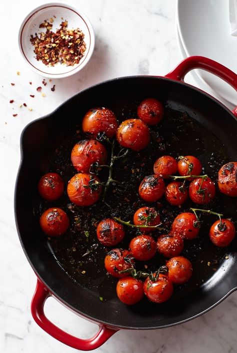 Pan-Seared Tomatoes on the Vine | When you can find cherry tomatoes on the vine at the farmers’ market, show off their pretty color and fresh summer flavor by preparing them simply, tossing them with olive oil and cooking them briefly over high heat to bring out their sweet flavor. Pan Seared Tomatoes, Seared Tomatoes, Broccoli Lasagna, Easy Main Course Recipes, Tomatoes On The Vine, Cooking Tomatoes, William Sonoma, French Lifestyle, Veggie Tales