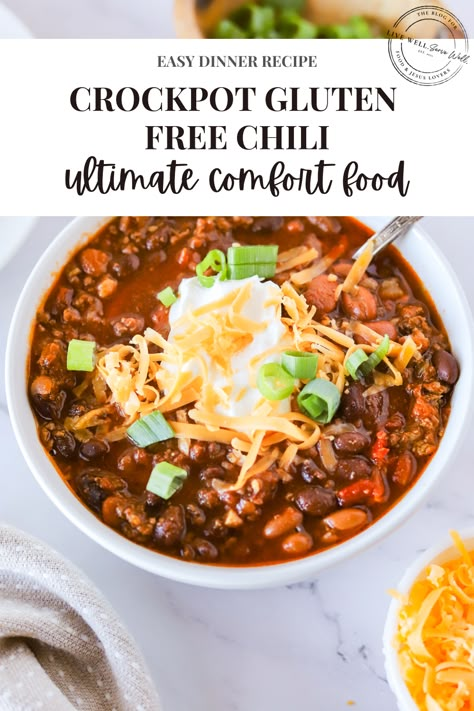 This is the best Crockpot Gluten-Free Chili recipe. It is the ultimate comfort food, combining ground bison, beans, fresh tomatoes, and a robust blend of spices in a slow cooker. It’s easy to throw together and is a crowd-pleaser that’s great on its own or topped with your favorite garnishes like cheese, sour cream, or green onions. Gluten And Dairy Free Recipes Crock Pot, Easy Crockpot Recipes Gluten And Dairy Free, Gf Df Chili, Gluten Free Chili Recipe Crockpot, Crock Pot Gluten Free Recipes, Crockpot Meals Gluten Free, Chili Recipe Gluten Free, Gluten Free Crockpot Recipes, Crockpot Gluten Free Recipes