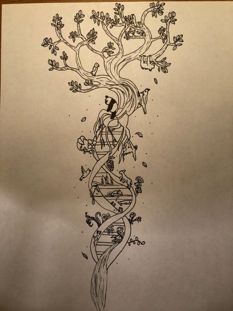 Animal Science Tattoo, Biology Major Tattoo, Food Chain Tattoo, Wildlife Biology Tattoo, Environmental Science Tattoo, Dna Spine Tattoo, Tree Of Life Dna Tattoo, Dna Drawing Art, Animal Spine Tattoo