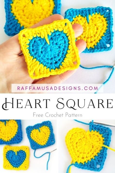 Little Heart Square – Free Crochet Pattern • RaffamusaDesigns Granny Square Pattern Free, Granny Square Crochet Patterns Free, Crochet Heart Pattern, Crochet Cushion Cover, Crochet Motif Patterns, Valentines Crochet, Manta Crochet, Haken Baby, Crochet Cushions