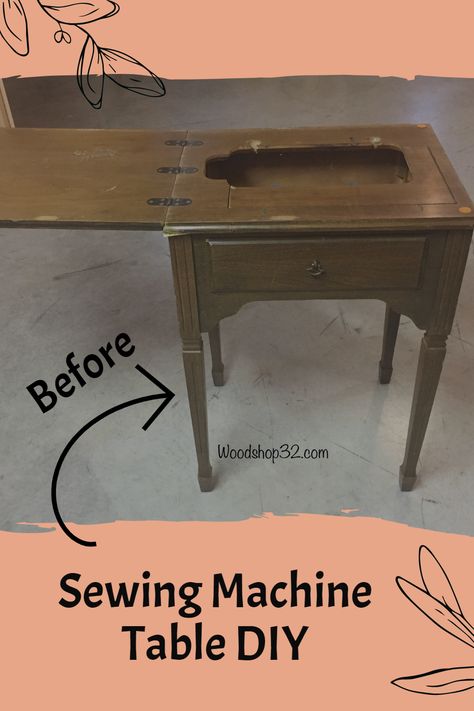 Sewing machine table DIY makeover project. Repurposing a sewing machine table is ideal for small spaces. Blue paint and wood stain add a new modern design to a sewing machine table. #paint #DIY #makeover Sewing Machine Makeover Ideas, Sewing Table Makeover Ideas, Upcycle Sewing Table, Vintage Sewing Desk, Repurposed End Tables Diy, Sewing Table Ideas Repurpose, Sewing Machine End Table, Sewing Machine Cabinet Repurposed Ideas, Repurposed Sewing Table