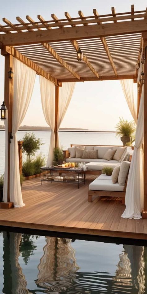 29 Pergolas with Privacy Screens for Intimate Outdoor Escapes - Peak Patio Life Pergola Drapes, Bali Outdoor, Wall Pergola, Pool Pergola, Rustic Pergola, Deck Seating, Pergola Curtains, Floating Deck, Modern Pergola