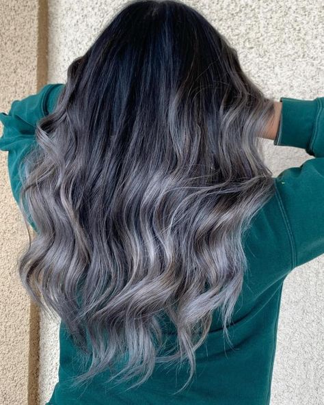 Gray, Silver, and Bronze Highlights for Dark Hair Ombre Hair Technique, Highlights For Gray Hair, Highlights For Dark Hair, Silver Grey Hair Dye, Dark Silver Hair, Ash Balayage, Gray Highlights, Platinum Hair Color, Gray Balayage