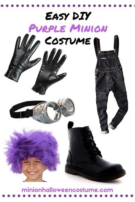 Easy DIY Purple Minion Costume Evil Minion Costume Diy, Purple Minion Costume Diy, Evil Minion Costume, Purple Minion Costume, Costume Minion, Diy Minion Costume, Homemade Minion Costumes, Minion Outfit, Family Themed Halloween Costumes