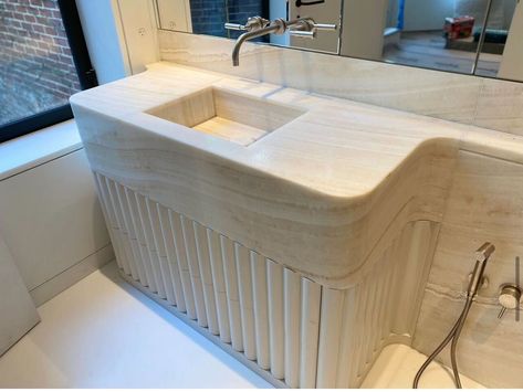 Ivory onyx vanity featuring an integrated sink created by precision stone Onyx Vanity, Stone Vanity, Integrated Sink, Architecture And Design, Stone Work, Onyx, Vanity, Instagram Profile, Bath