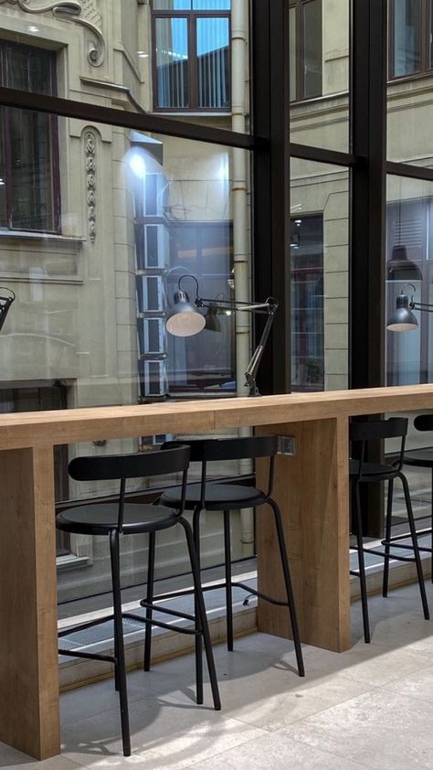 Window Bar Seating, Bar Table Design, Wood Cafe, Cafe Window, Modern Restaurant Design, Window Table, Window Bars, High Top Tables, Wood Interior Design