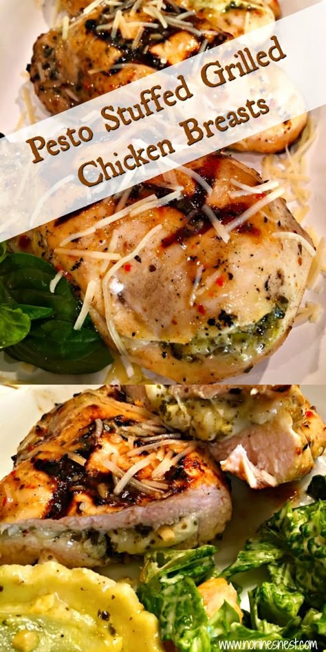 Pesto Stuffed Chicken Breast are tender thick chicken breasts marinaded and then stuffed with Pesto and cheese and grilled to perfection! Simple, Easy, and Delicious! Stuffed Chicken On The Grill, Stuffed Grilled Chicken Breast Recipes, Stuffed Grilled Chicken Recipes, Smoked Stuffed Chicken Breast, Stuffed Pesto Chicken, Grilled Chicken With Pesto, Pesto Stuffed Chicken Breast, Grilled Stuffed Chicken Breast, Italian Chicken Breast Recipes