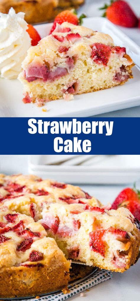 Easy Strawberry Cake - Use fresh strawberries to make this tender and delicious cake.  It has a tasty sugary crust on the outside and is moist and almost custardy center.  It is super easy to make and great for any occasion. Leftover Ham And Potato Soup, Easy Strawberry Cake, Strawberry Cake Easy, Ham And Potato Soup, Homemade Snickers, Strawberry Dessert Recipes, Strawberry Cake Recipes, Easy Strawberry, Delicious Cake