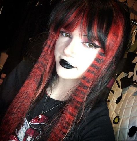 ☠ Cheyanne ☠ Hairstyle Ideas For Black Hair, Red Black Scene Hair, Ramona Flowers Hairstyle, Scene Hair Middle Part, Orange Raccoon Tail Hair, Red And Black Hair Dye Ideas, Red Raccoon Tail Hair, Top Layer Of Hair Dyed, Monster High Hair Dye