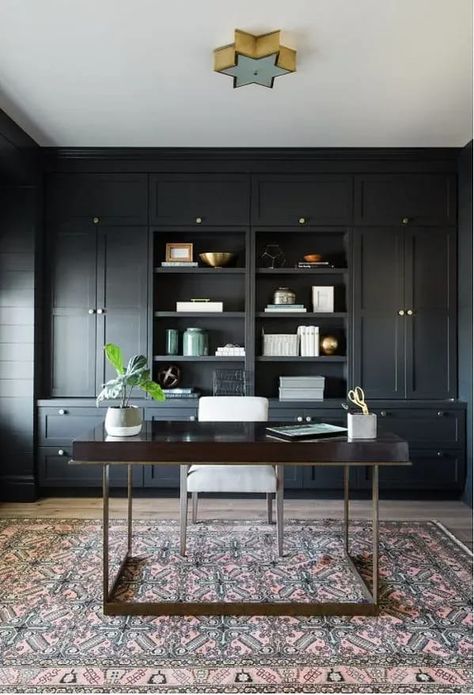 Soot (2129-20) by Benjamin Moore, and the best black paint colors for walls and cabinets! The perfect shades of moody black paint colors. Check out these popular colors from Benjamin Moore, Sherwin Williams and more. Definitely going to use these decor ideas for the home to add black painted doors & cabinets in my interior design! Black Paint Colors, Transitional Home Office, Paint Color Guide, Office Built Ins, Black Paint Color, Home Office Inspiration, Bookshelf Design, Transitional House, Wall Paint Colors